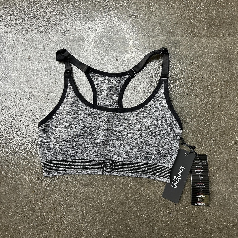 Bebe Sport Sports Bra Womens Small Gray Adjustable Racerback Padded Yoga Gym Top